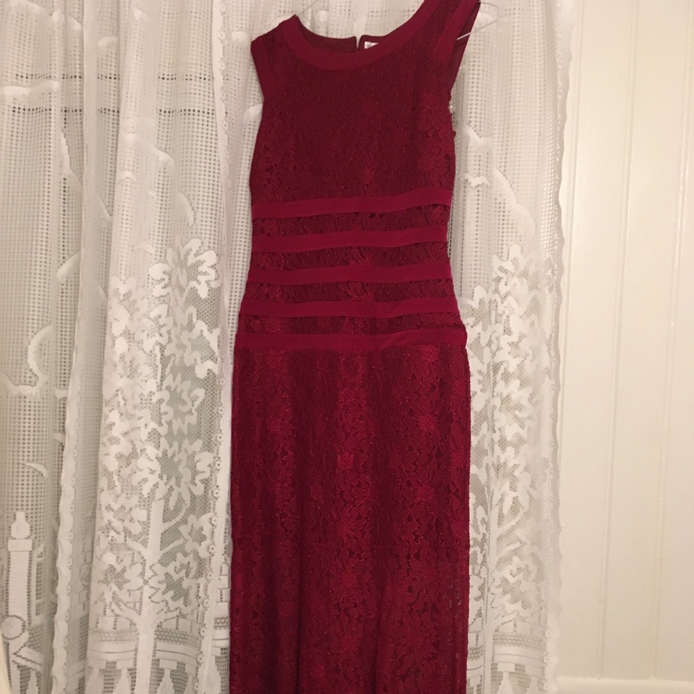 Enfocus Studio - Long Red Lace Overlay Dress